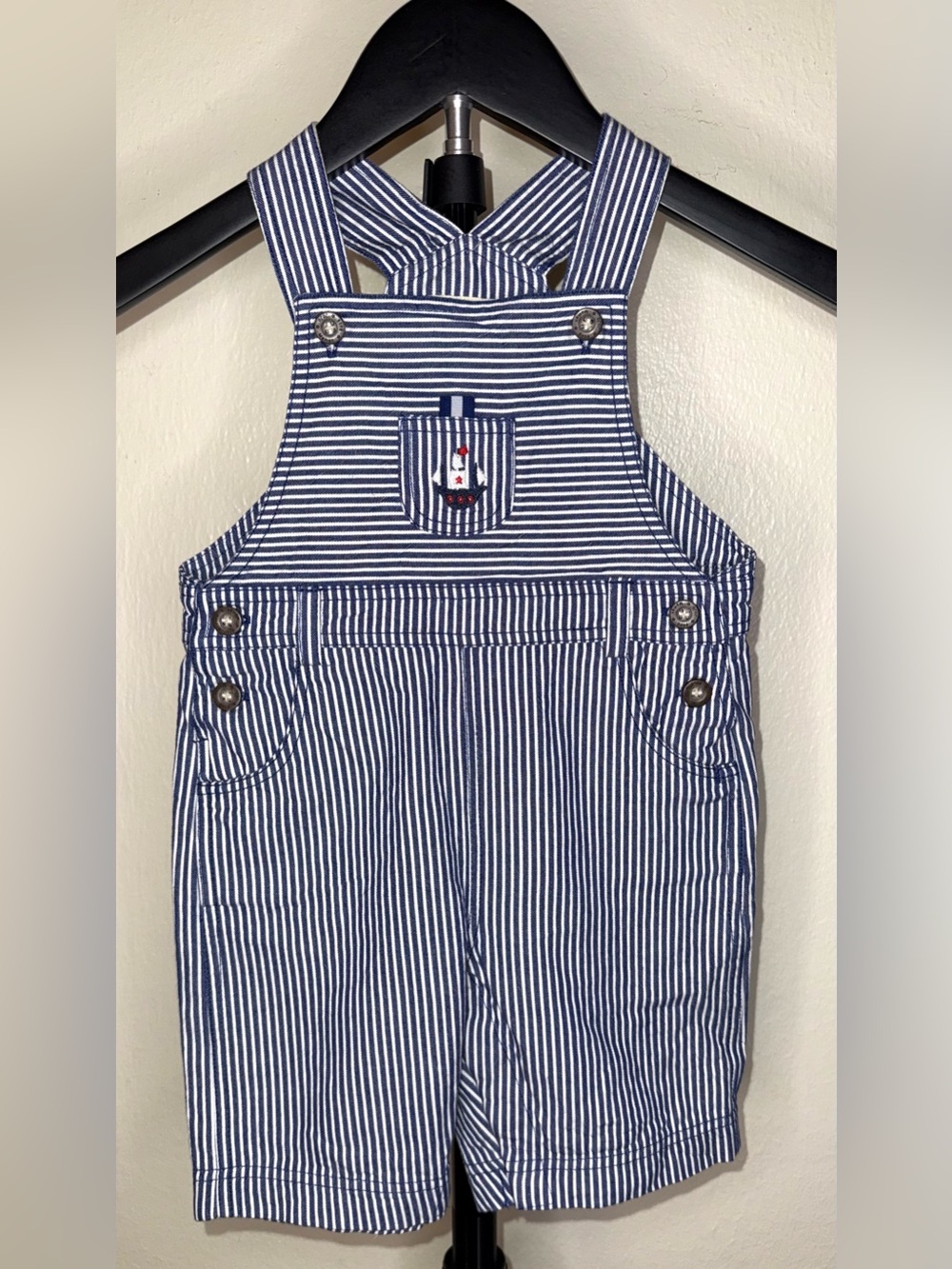 JoJo Maman Bébé nautical stripe shortall overalls, size 12-18 mos